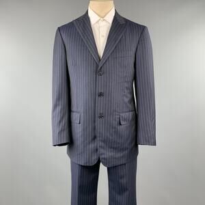 DAVID AUGUST Size 40 Navy & Gray Stripe Wool Peak Lapel 34 x 30 Suit